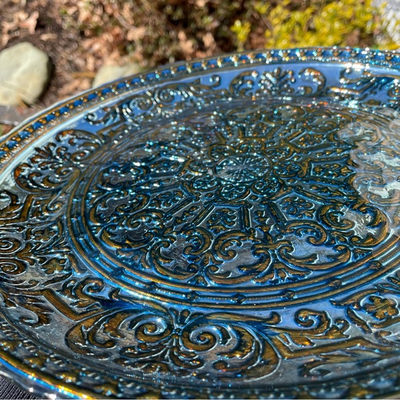 Antiqued Blue Silver Foil Embossed Glass Cake platter - Picture 14 of 16